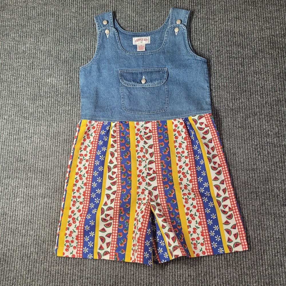 Copper Key Little Girls Front Pocket  Denim Romper Picnic Fruit Themed‎ Sz 10